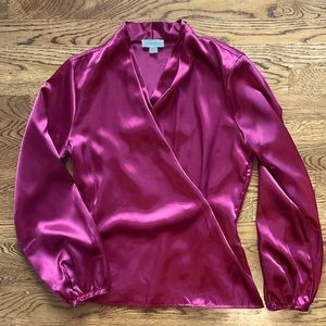 CALVIN KLEIN LONG SLEEVE BURGUNDY PLUM COLORED WRAP BLOUSE- SIZE M